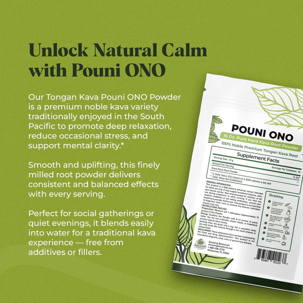 Amazing Botanicals Pouni Ono dry powder close-up, highlighting premium Tonga kava quality.