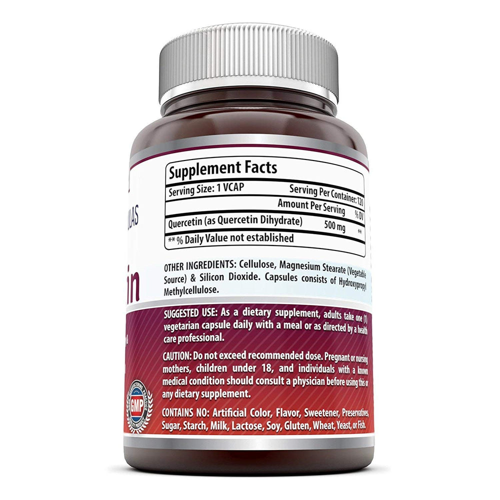 Amazing Formulas Quercetin 500 mg capsules close-up, vegan capsules for daily supplement