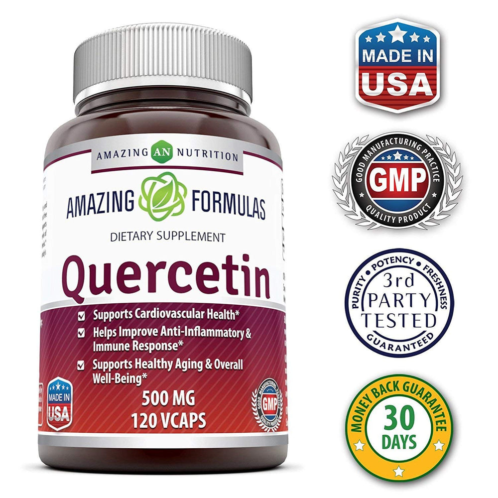 Amazing Formulas Quercetin 500 mg bottle manufactured in USA under GMP standards