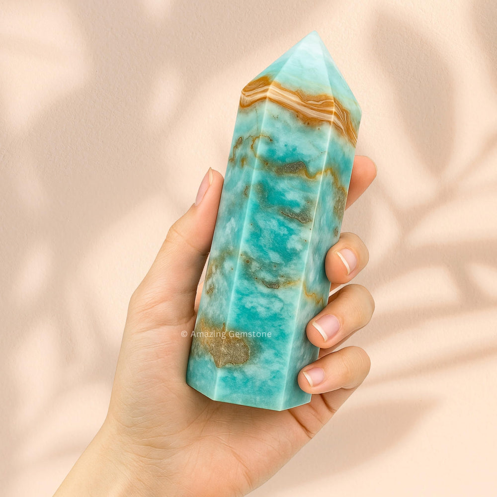 Amazing Gemstone Caribbean Calcite Tower grid-center setup amplifies intention and focus.