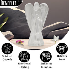 Amazing Gemstone Clear Quartz Angel on table, compact display for desks and shelves.