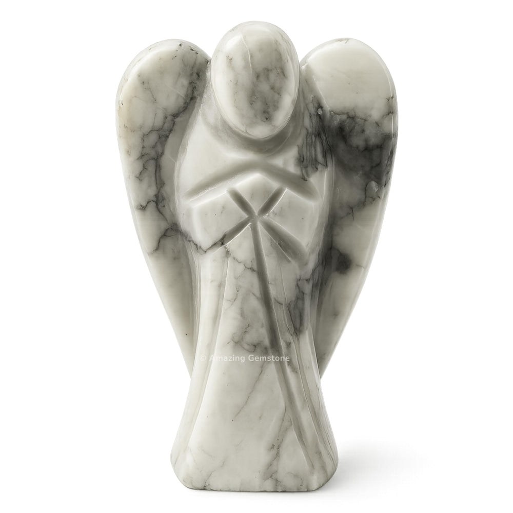 Amazing Gemstone Howlite Angel figurine 4-inch display for protection and calm.