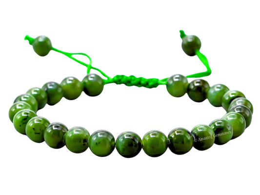 Amazing Gemstone nephrite green jade bracelet closeup showing authentic beads for grounding
