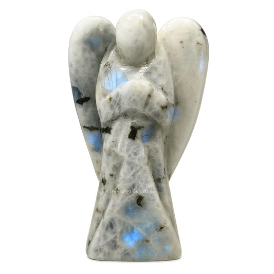 Amazing Gemstone Rainbow Moonstone Angel standing 4 inches as a protective guardian statue for home spaces