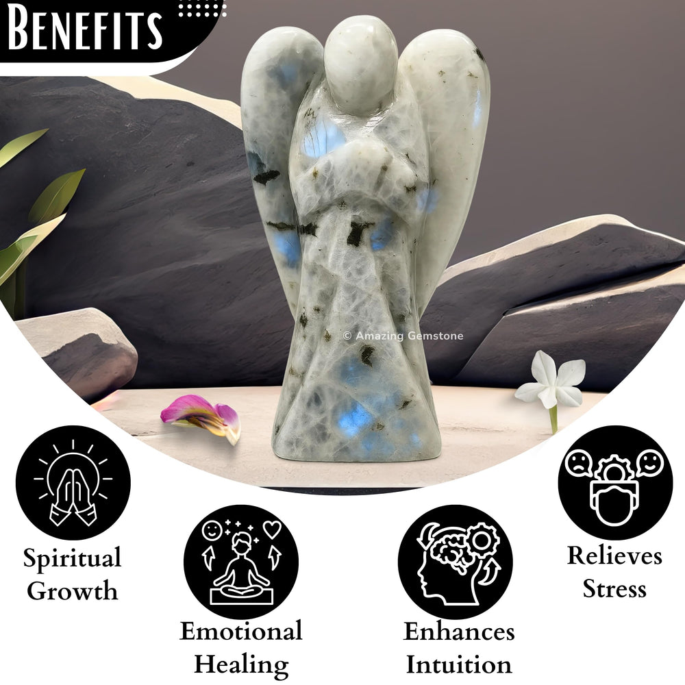 Amazing Gemstone Rainbow Moonstone Angel packaging and display-ready for desks or shelves