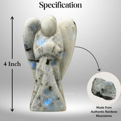 Amazing Gemstone Rainbow Moonstone Angel resting in a velvet pouch, ready for gifting