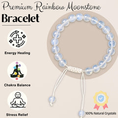 Amazing Gemstone Rainbow Moonstone women's bracelet highlighting shimmering facets in natural light.