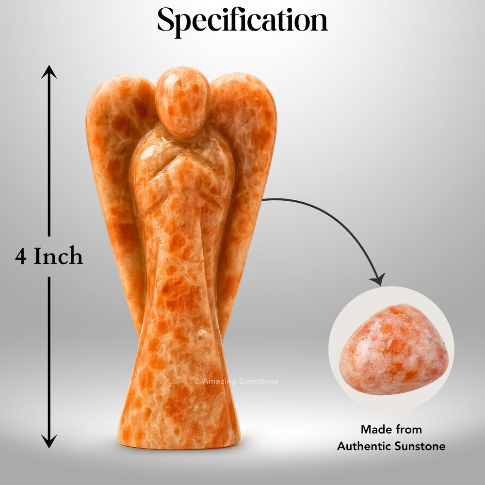 Amazing Gemstone Sunstone Angel stands four inches tall as a graceful decorative piece.