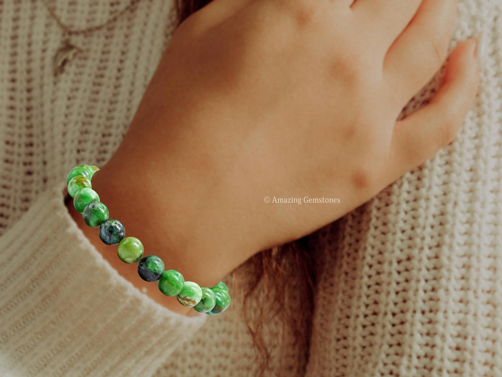 Amazing Gemstone Variscite bracelet bead detail highlighting natural color and texture.