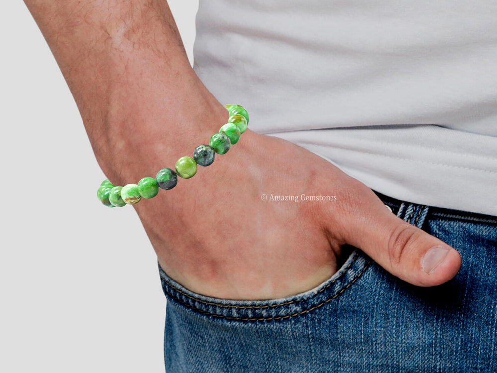 Amazing Gemstone Variscite bracelet side angle showcasing 8mm beads and elegance.