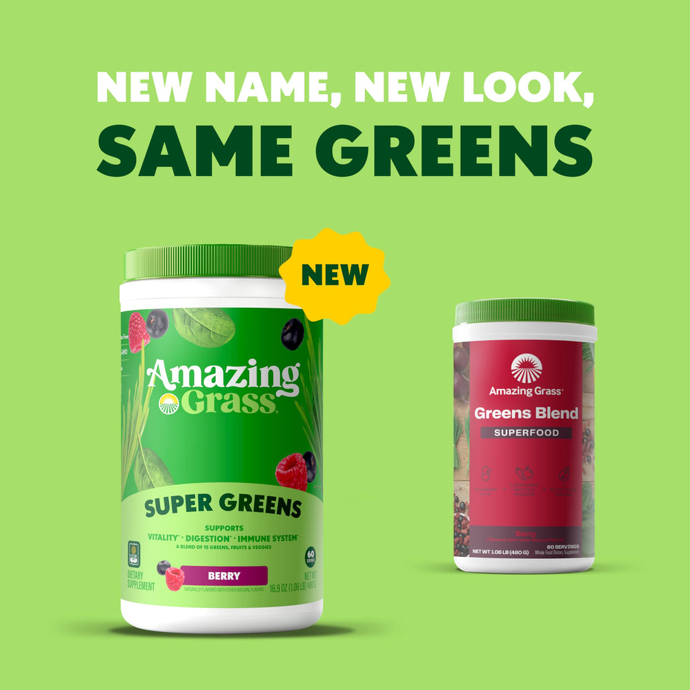 Amazing Grass Berry Green Superfood powder in a shaker enables quick, convenient mixing.