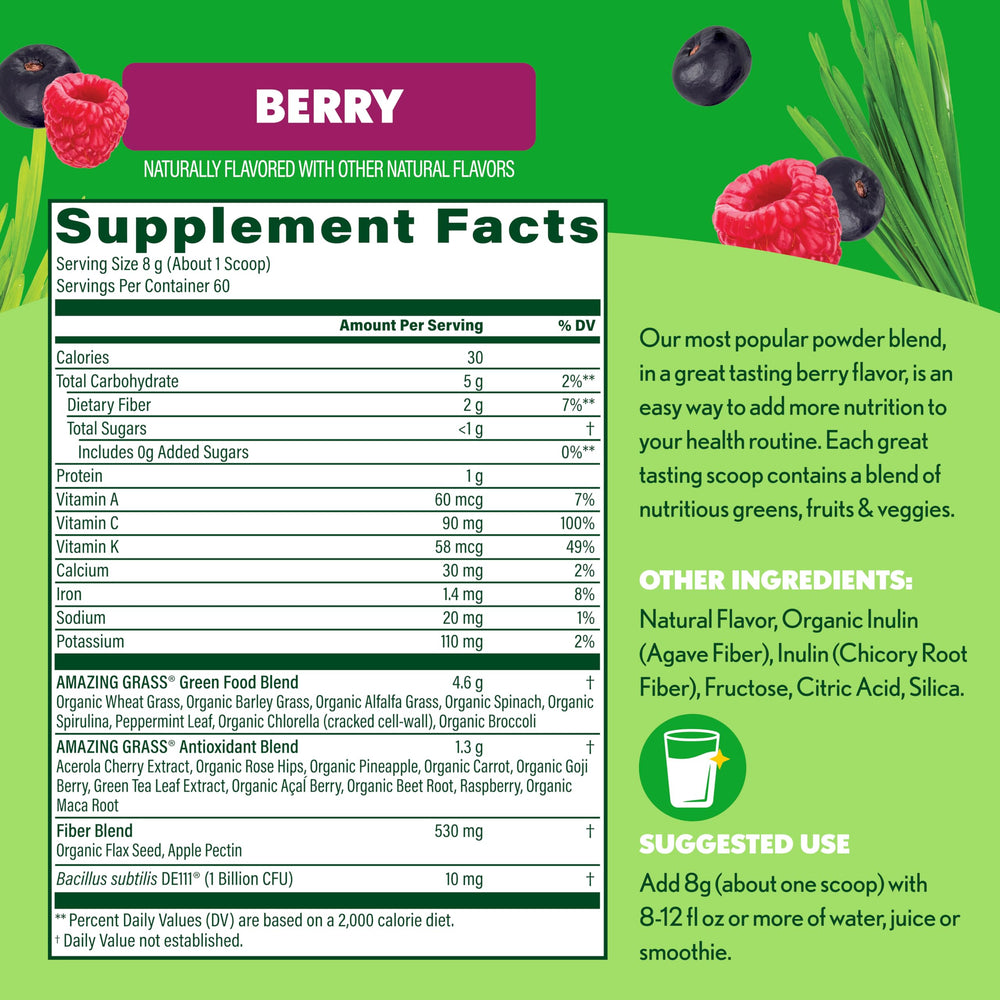 Amazing Grass Berry Green Superfood smoothie glass shows vibrant color and flavor.