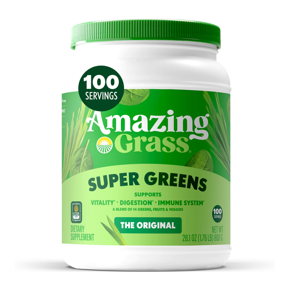 Amazing Grass Greens Blend bottle pour for a quick greens boost