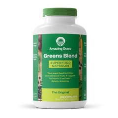 Amazing Grass Greens Blend capsules bottle close-up for convenient daily nourishment.