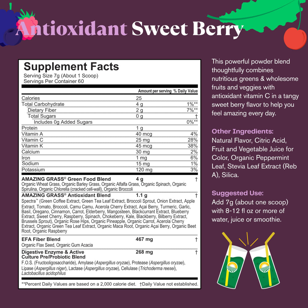 Amazing Grass Greens Superfood glass with mix shows vibrant berry flavor and hydration