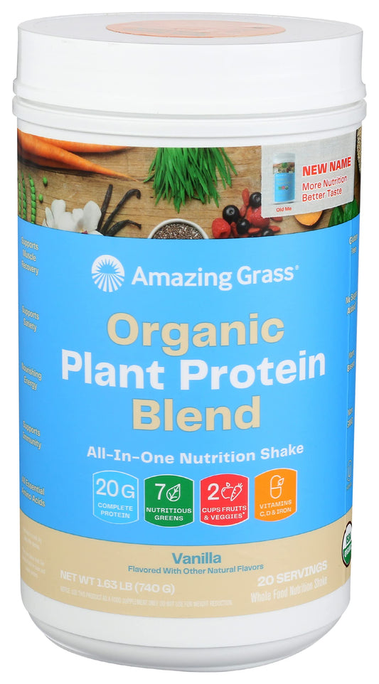 Amazing Grass Organic Plant Protein Blend bottle shows vegan protein for post-workout recovery.