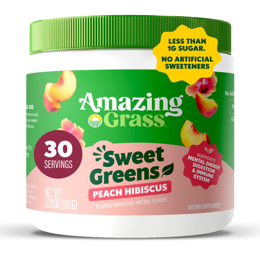 Amazing Grass Sweet Greens Peach Hibiscus powder in a jar supports daily greens intake