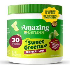 Amazing Grass Sweet Greens Tropical Lime tub front shows vibrant greens powder for daily energy