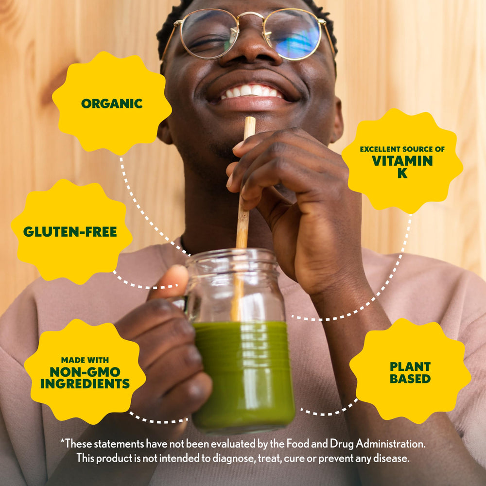 Amazing Grass Wheat Grass powder in a blender bottle adds vibrant greens to beverages.