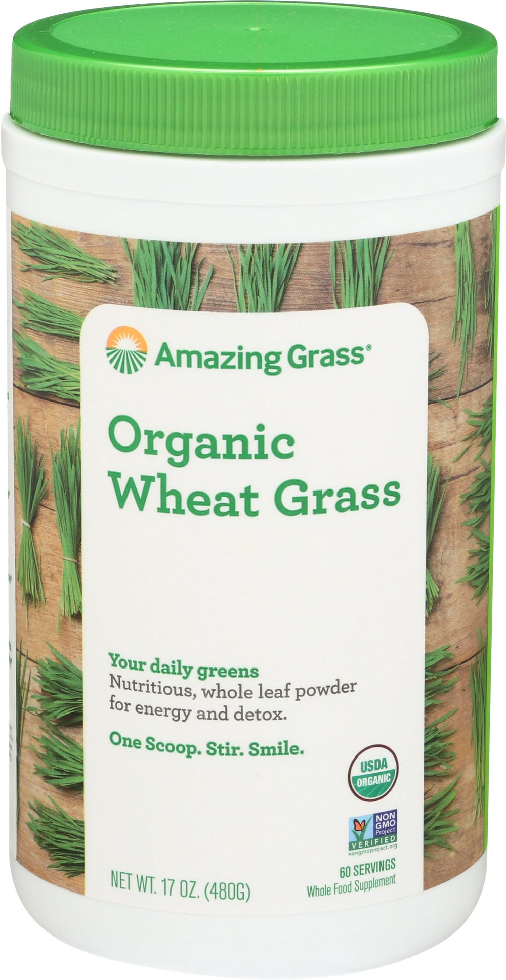 Amazing Grass Wheat Grass Powder tub front label highlighting 60 servings.