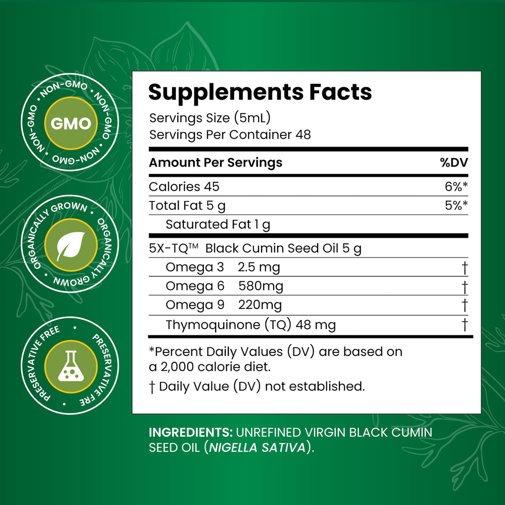 Amazing Herbs Black Seed Oil bottle side emphasizes sustainably sourced seeds for immune support.