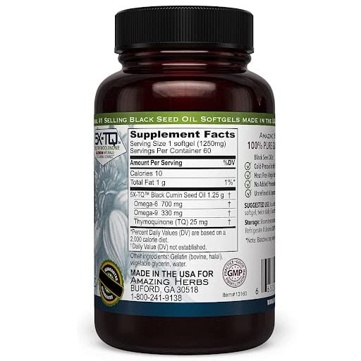 Amazing Herbs Black Seed Oil Capsules bottle pouring for convenient daily use.