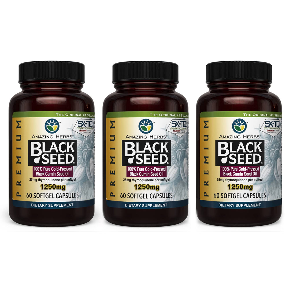 Amazing Herbs black seed oil capsules bottle with high potency for digestive support and immune balance.