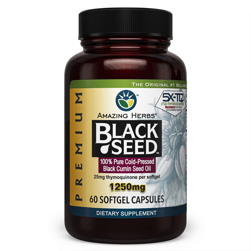 Amazing Herbs Black Seed Oil Capsules hero image highlighting premium potency and quality.