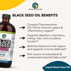 Amazing Herbs Black Seed Oil label shows gluten-free and non-GMO claims.