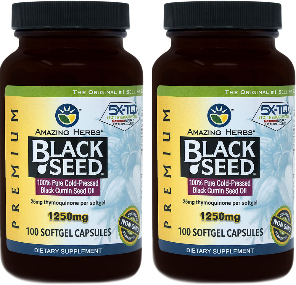 Amazing Herbs Black Seed Oil pills bottle front with 1250 mg capsules for daily wellness