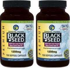 Amazing Herbs Black Seed Oil pills bottle front with 1250 mg capsules for daily wellness
