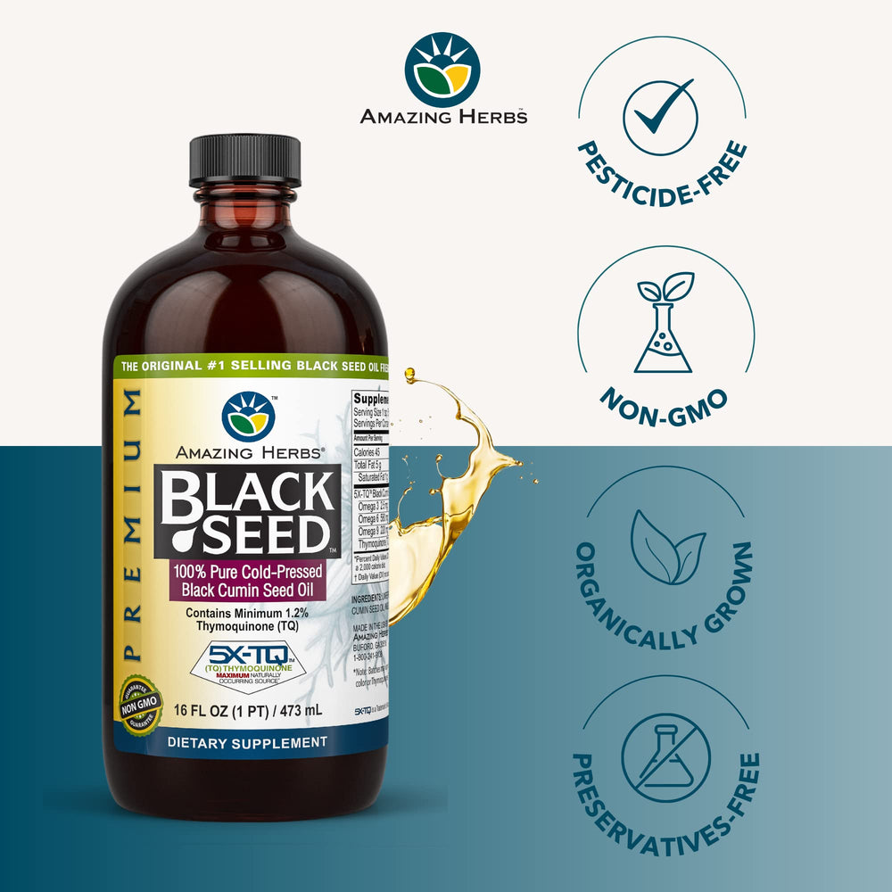 A pour/dropper view of Amazing Herbs Black Seed Oil for easy dietary use.