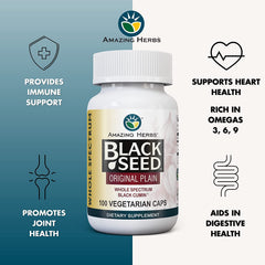 Amazing Herbs black seed capsules closeup showing convenient vegan capsules
