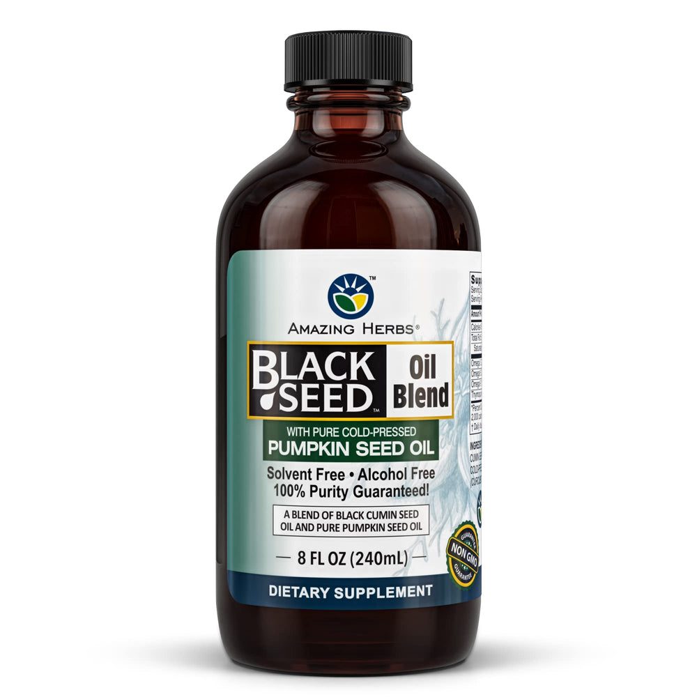 Amazing Herbs black seed and pumpkin oil bottle close-up for daily wellness