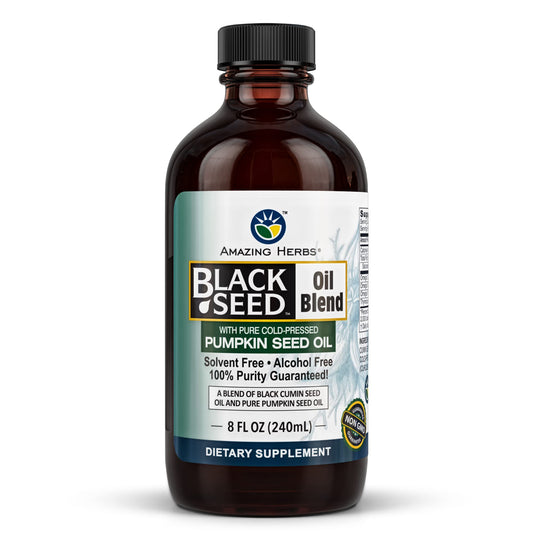 Amazing Herbs black seed and pumpkin oil bottle close-up for daily wellness