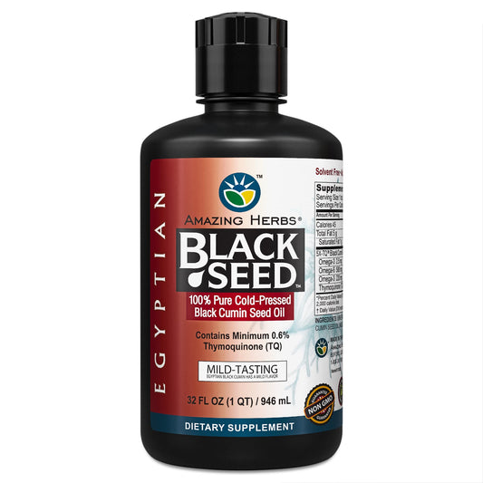 Amazing Herbs Egyptian Black Seed Oil bottle pour shows mild flavor for everyday use.