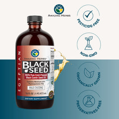Amazing Herbs Black Seed Oil label highlights organic, gluten-free, non-GMO features.