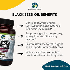 Nutrition label highlights omega fatty acids and thymoquinone for overall wellness.