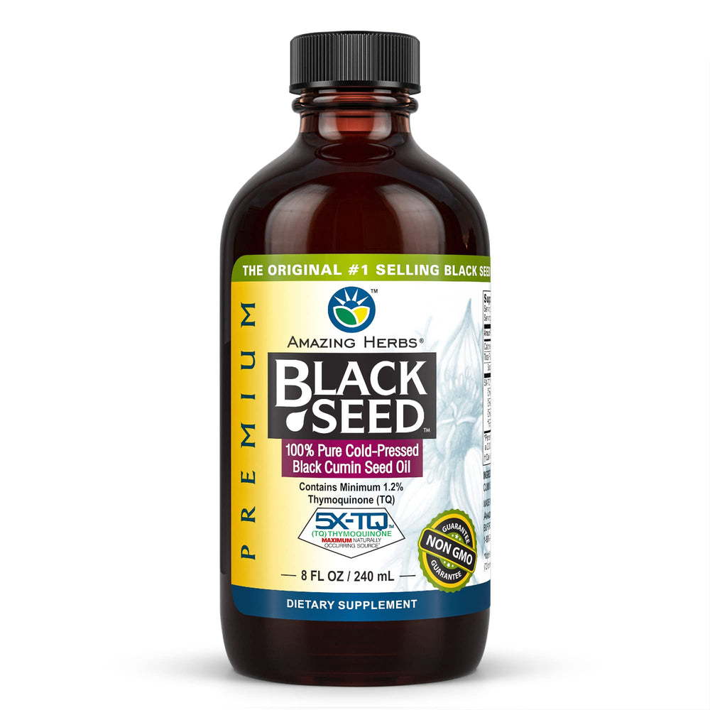 Amazing Herbs Premium Black Seed Oil bottle showing the product in a dark bottle for freshness