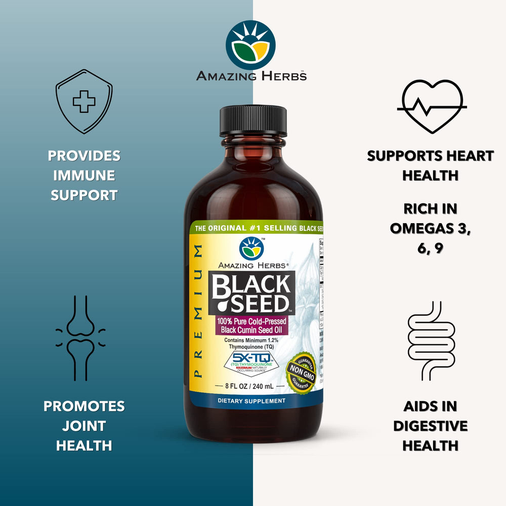 Pouring Amazing Herbs Black Seed Oil demonstrates easy dosing for daily use