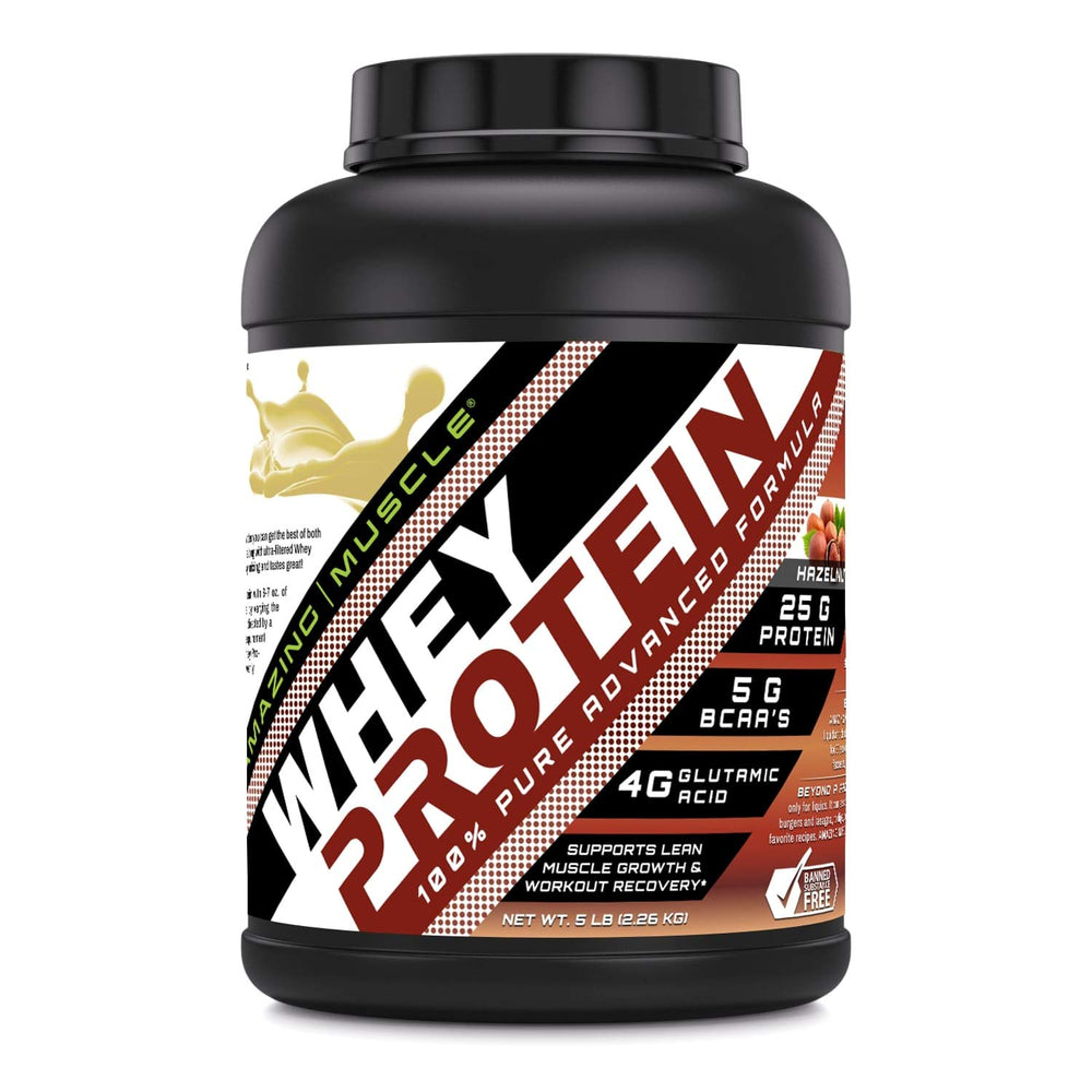Amazing Muscle hazelnut whey protein powder close-up, smooth texture for post-workout shakes.