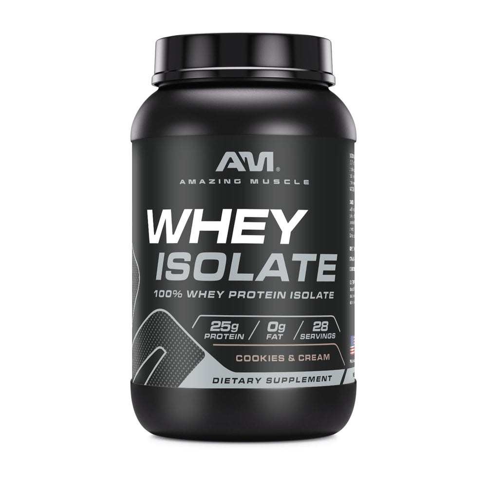 Amazing Muscle whey protein isolate bottle with cookies and cream flavor for clean muscle support
