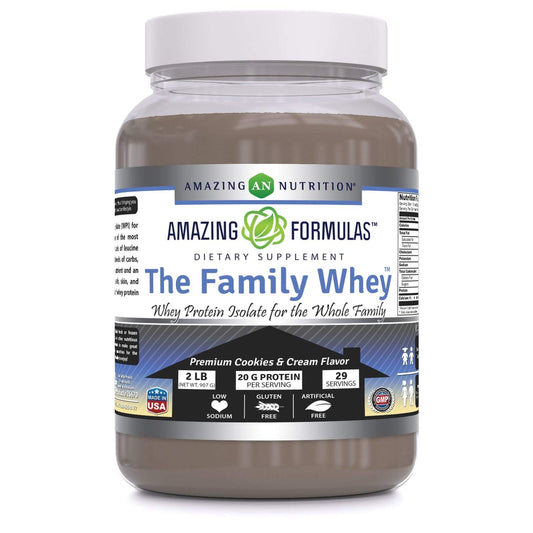 Amazing Nutrition Family Whey Isolate tub front view, ideal for family shakes