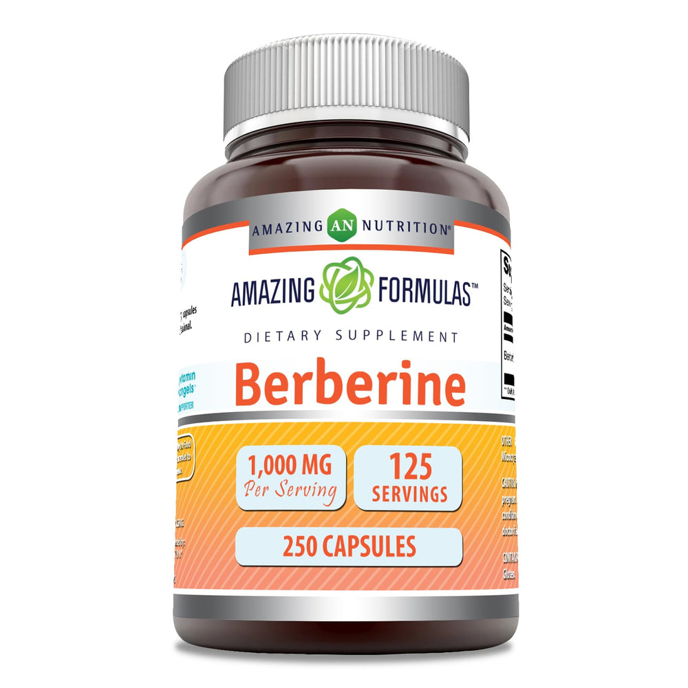 Amazing Nutrition Berberine 1000mg bottle shows two-capsule serving for daily wellness.