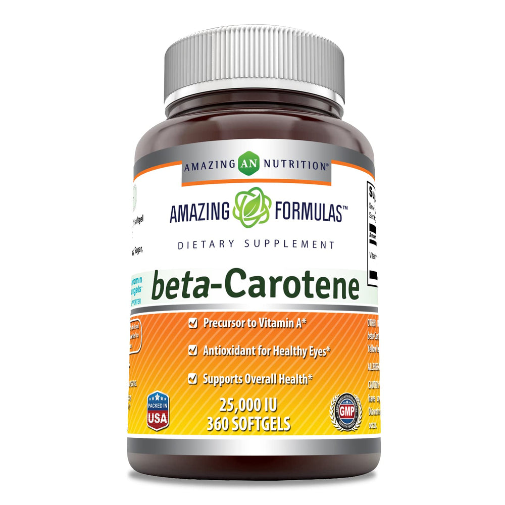 Amazing Nutrition Beta Carotene softgel bottle showing 25,000 IU potency for daily wellness.