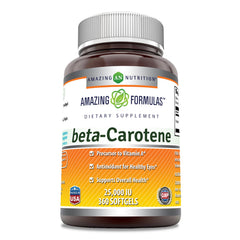 Amazing Nutrition Beta Carotene softgel bottle showing 25,000 IU potency for daily wellness.