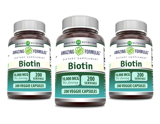 Amazing Nutrition Biotin 10000 mcg veggie capsules bottle front for daily dietary supplement.