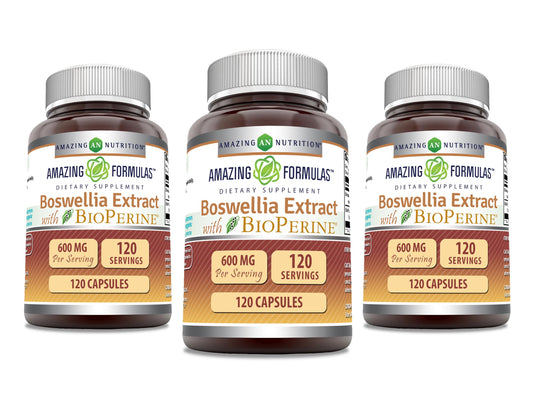 Amazing Nutrition Boswellia extract bottle with Bioperine, 600 mg per capsule for daily wellness routine.