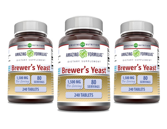 Amazing Nutrition Brewers Yeast 1500mg tablets front view highlights per serving potency for daily use.