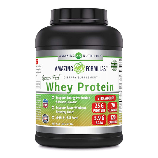Amazing Nutrition Grass Fed Whey Protein Strawberry bottle highlights pure ingredients for daily protein needs.